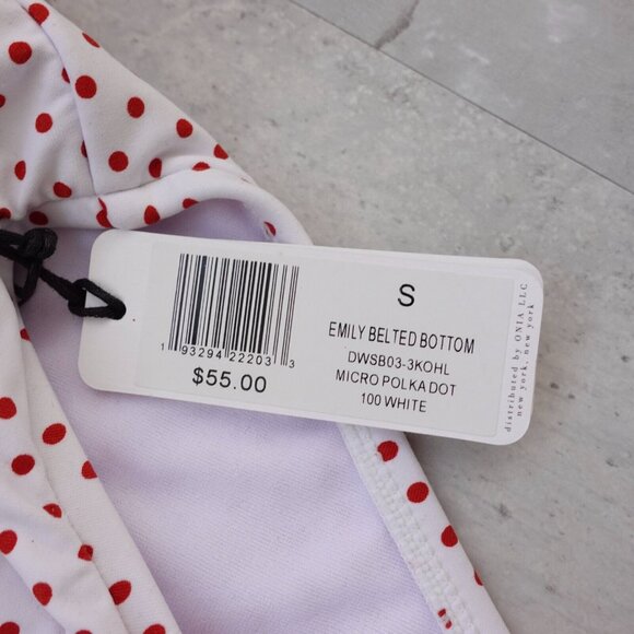 White Bikini Bottom Small Belted High Cut Swim Pink Micro Polka Dot Cheeky Retro - Picture 5 of 12